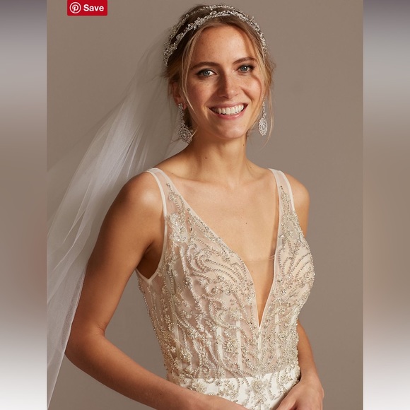 Sheer Plunge Beaded Corset Crepe Wedding Dress - Picture 6 of 7